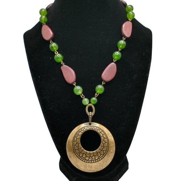 Bronze Tone Medallion Necklace with Wood and Green Beads Boho Necklace - Picture 1 of 10